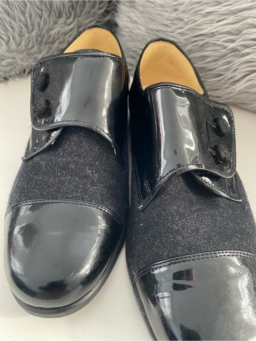 Kids Black Patent & Wool-Textured Dress Shoes with Hook-and-Loop Strap